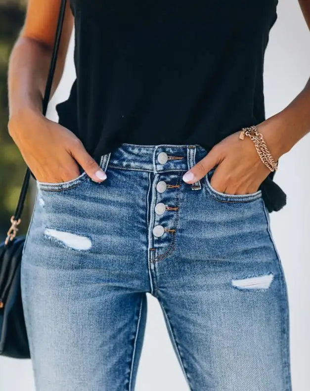 Slim Fit High Waist Ripped Jeans – Street Style